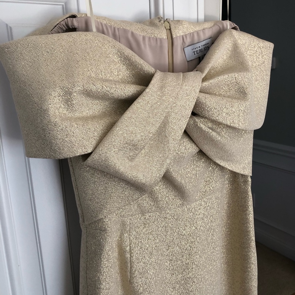 Teri Jon metallic gold twist front Strapless Cocktail Dress